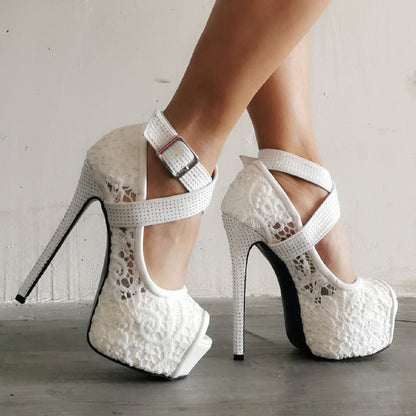 Peep Toe Platform Criss Cross Strap Mesh High Heels