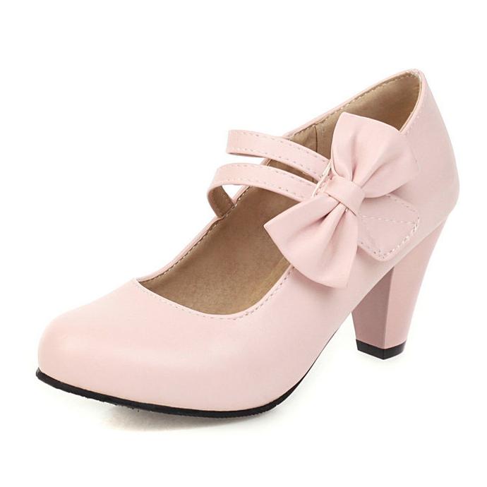 Bow Round Toe Mary Jane Chunky Heel Pumps