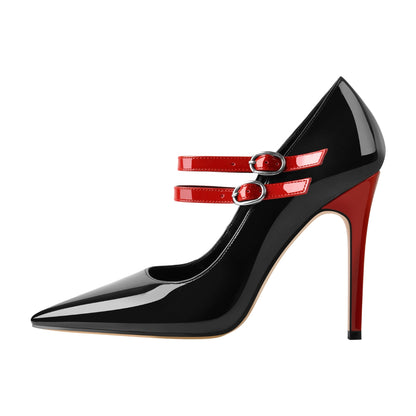 Pointed Toe Buckle Strap Patent Leather Stiletto Pumps