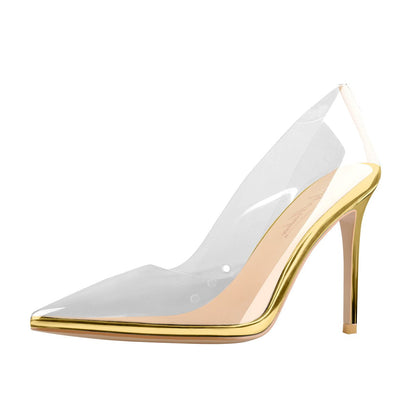 Transparent Pointed Toe Slip on Gold High Heel Stiletto Pumps