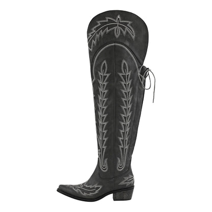 Embroidery Back Lace-up Over The Knee Western Boots