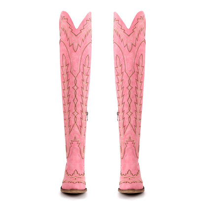 Embroidery Back Lace-up Over The Knee Western Boots