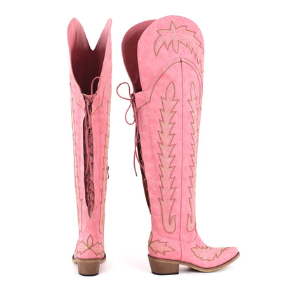 Embroidery Back Lace-up Over The Knee Western Boots