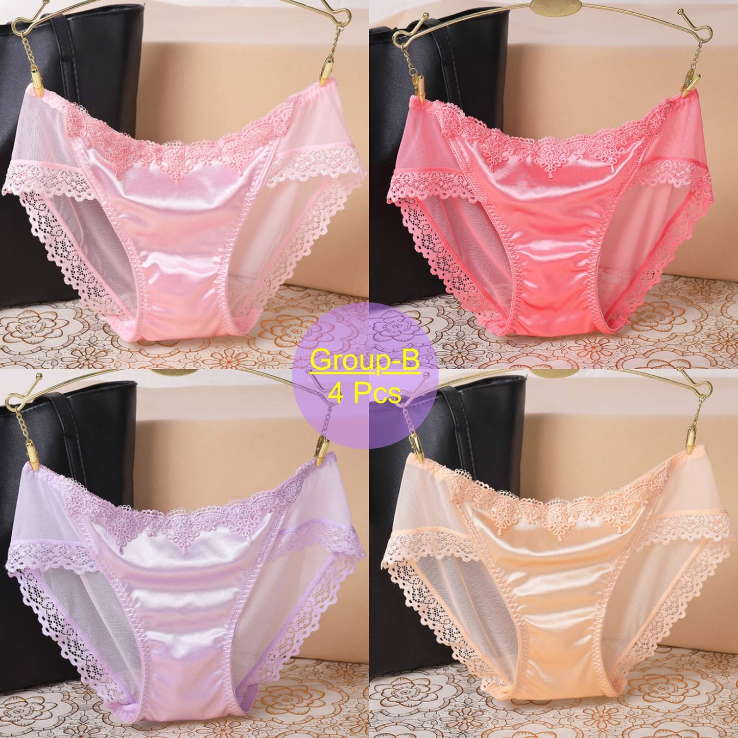 4 Pcs sexy transparent lace with luxurious satin Panties