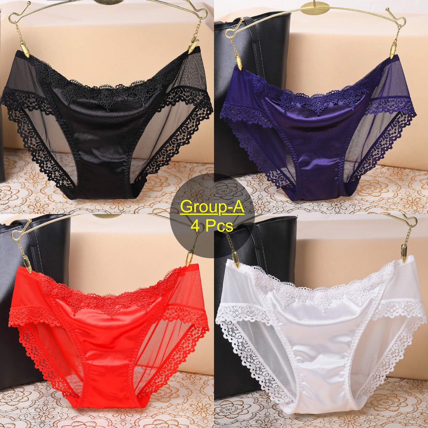 4 Pcs sexy transparent lace with luxurious satin Panties