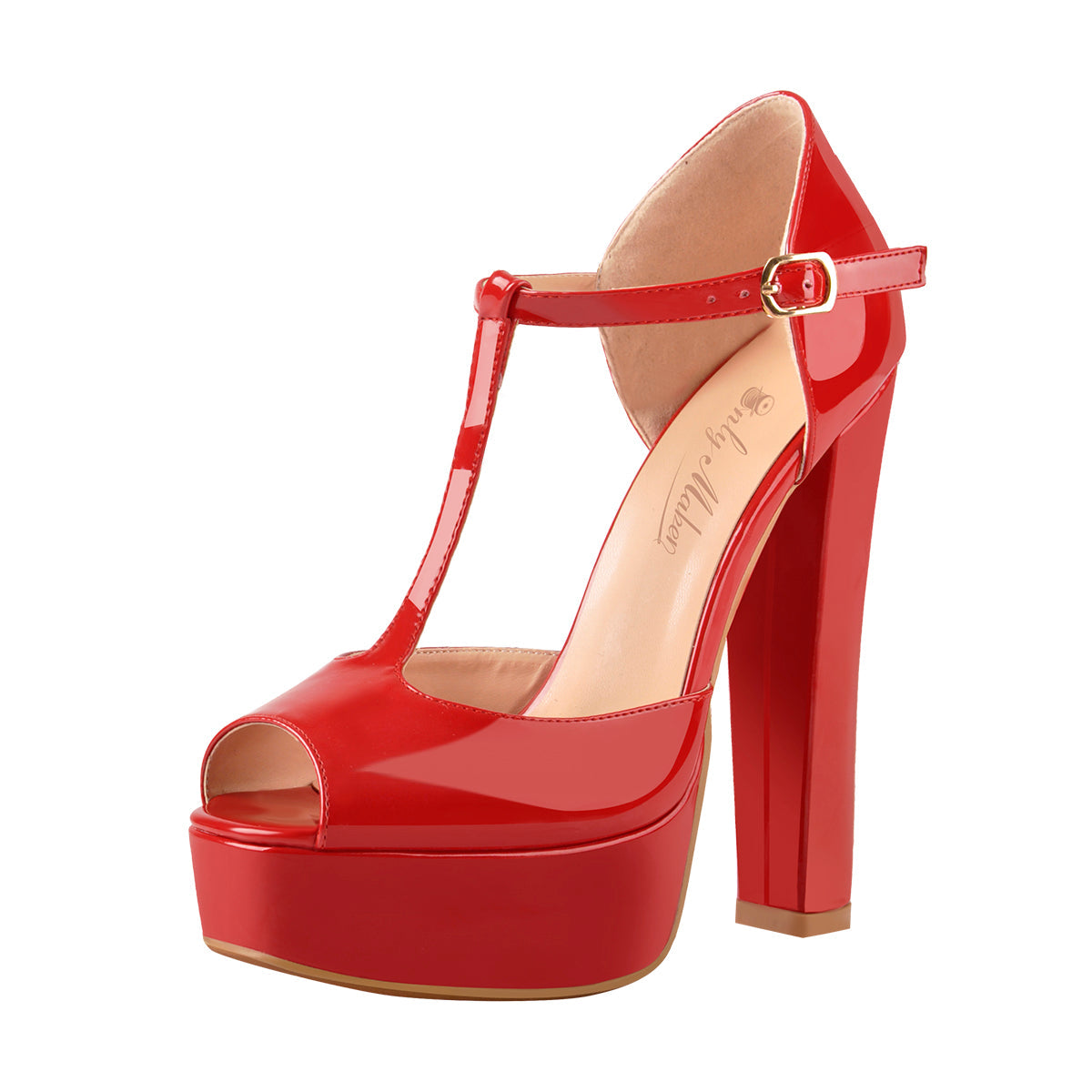 T Strap Peep Toe Platform Patent Chuncky High Heel Sandals