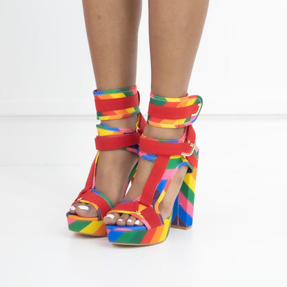 Canvas Rainbow Ankle Strap Chunky Heel Sandals