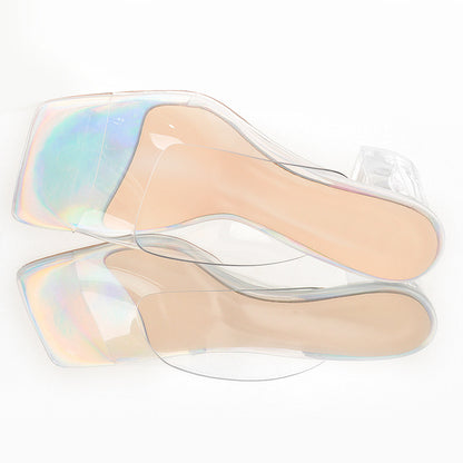 Holographic Transparent Chunky Heel Square Toe Sandals Mules