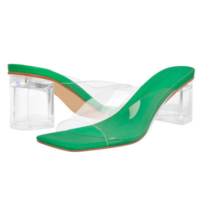 Holographic Transparent Chunky Heel Square Toe Sandals Mules