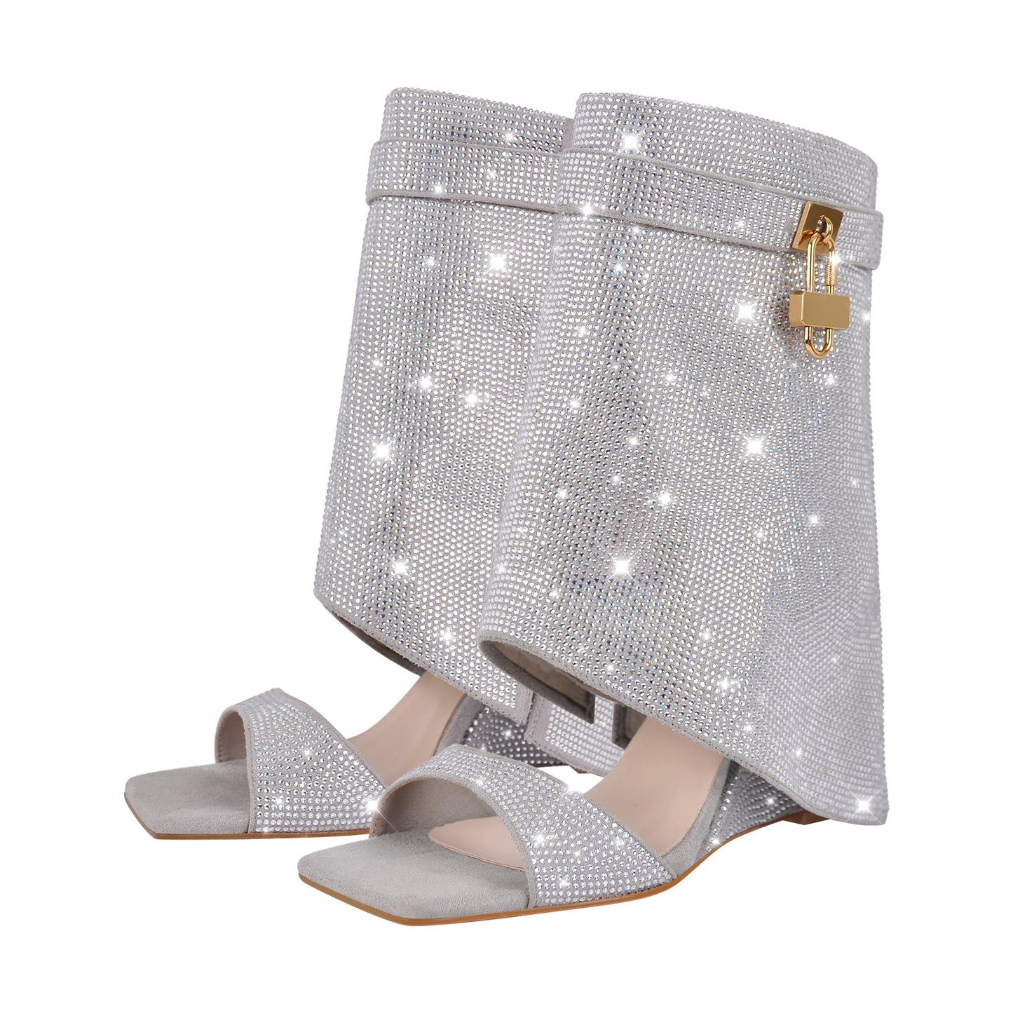 Square Toe Rhinestone Wedge High Heel Boots Sandals