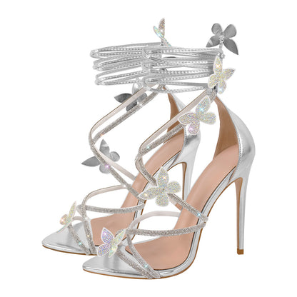 Rhinestone Butterfly Pointed Toe Stiletto Sandals