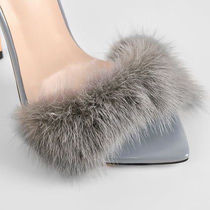 Gray Feather Pointed Toe High Heel Stilettos Sandals