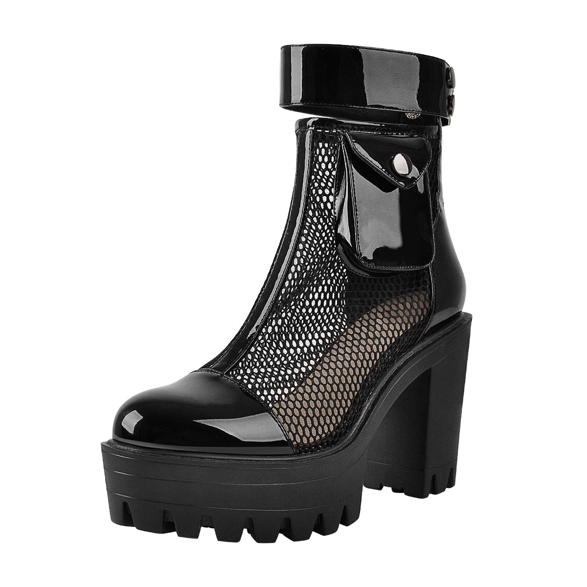 Black Platform Mesh Pocket Ankle Strap Boots