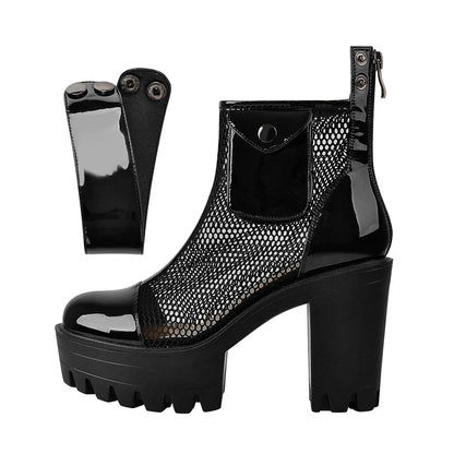 Black Platform Mesh Pocket Ankle Strap Boots