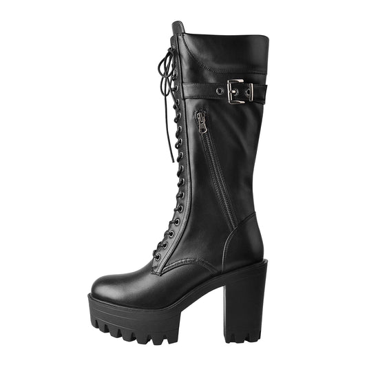 Black Patent Leather Platform Lace Up Knee High Boots