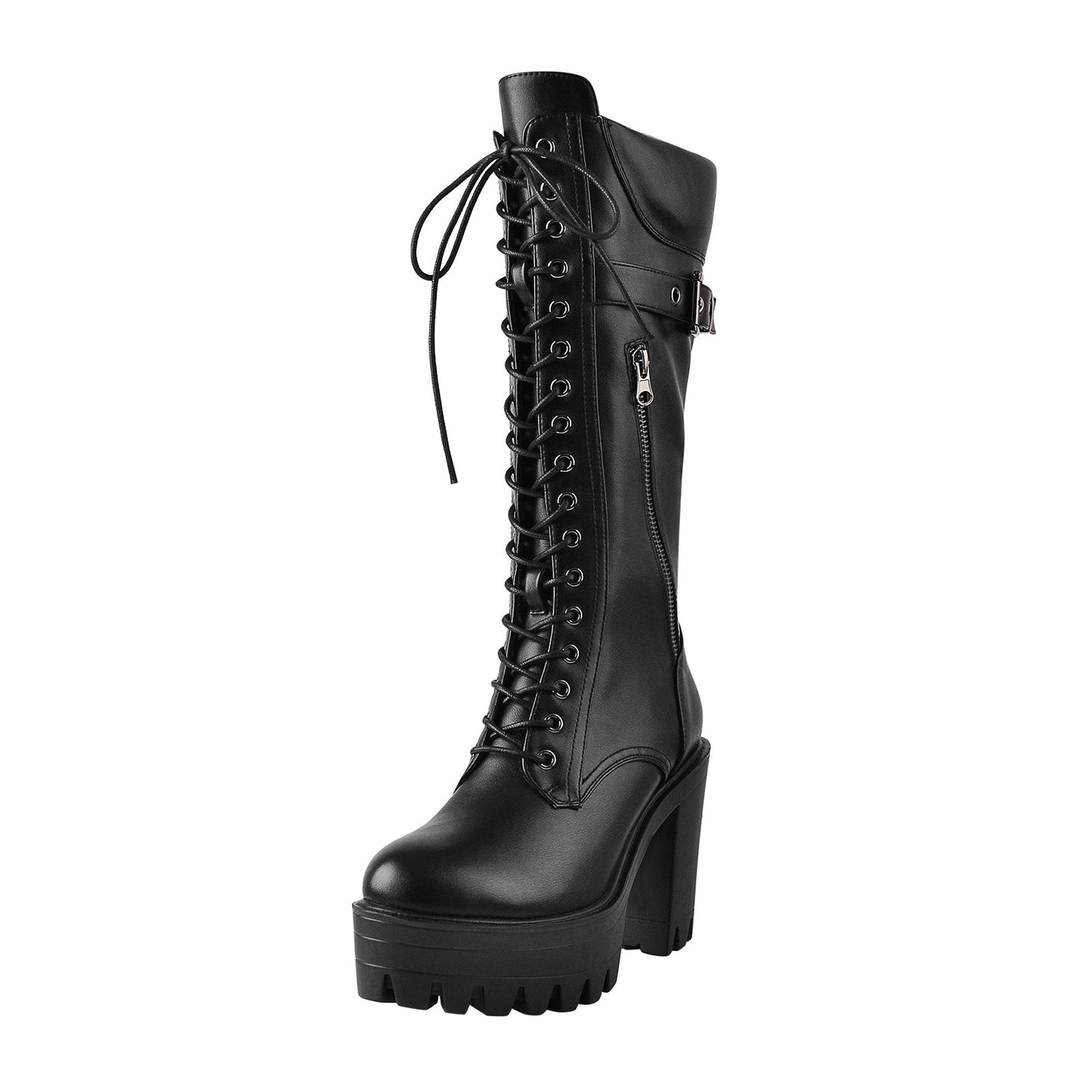 Black Patent Leather Platform Lace Up Knee High Boots