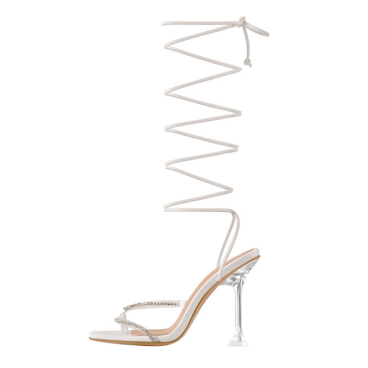 White Rhinestone Square Toe Strap Tapered High Heel Sandals