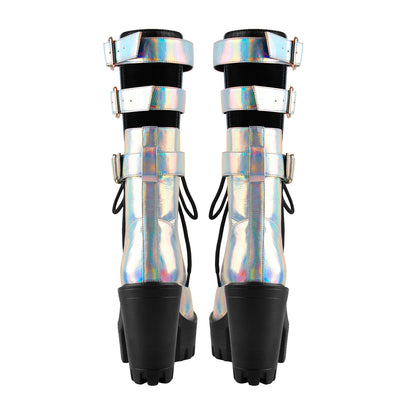 Holographic Platform Chunky Heels Boots