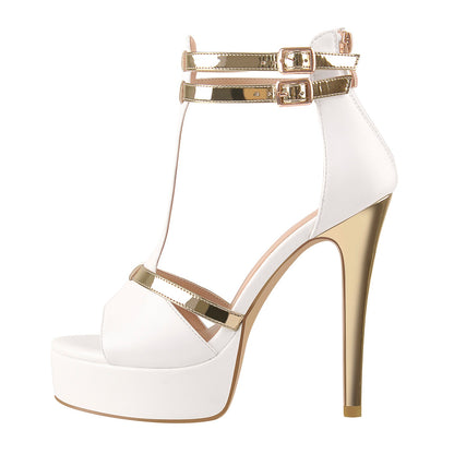 Gold T-Strap White Platform High Heel Sandals