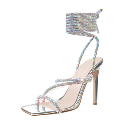 High Heel Lace up Rhinestone  Strappy Sandals