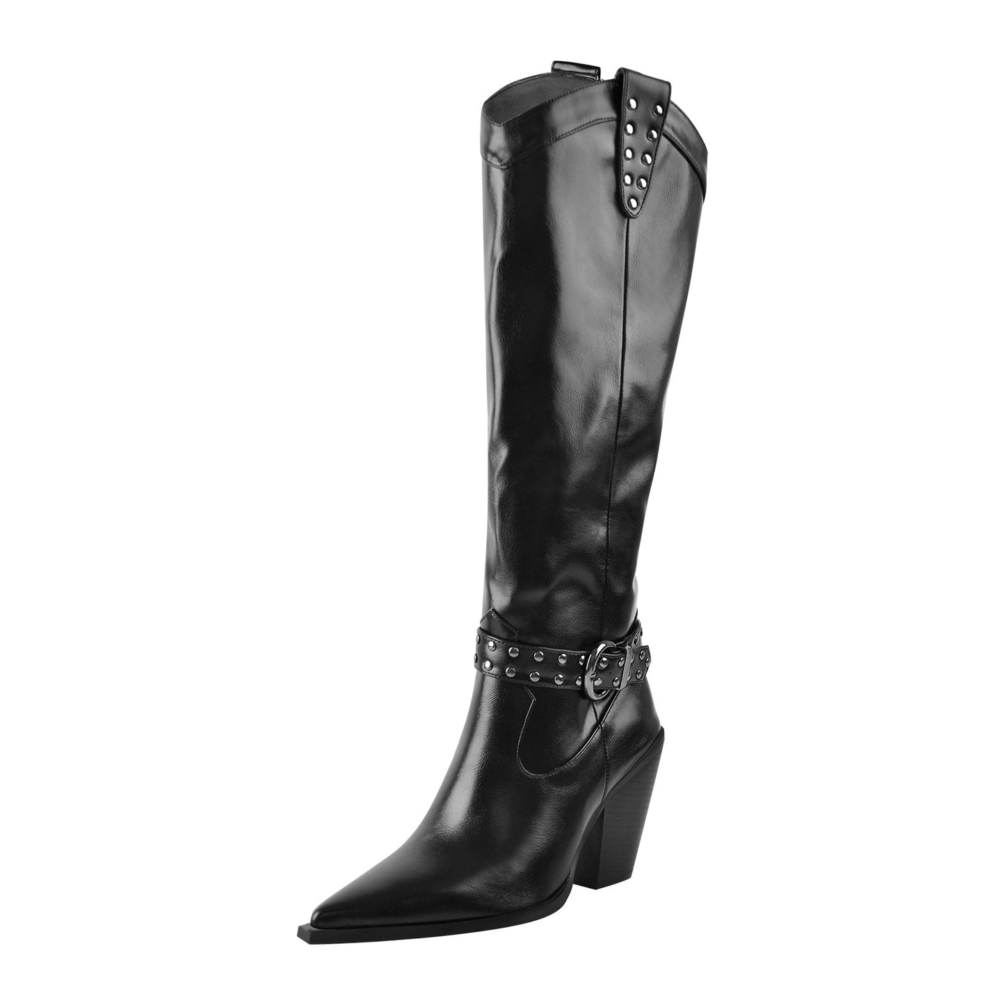 Black Pointed Toe Rivet Belt Cowboy Zipper Boots