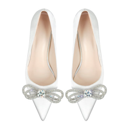 Pointed Toe Rhinestone Bow Mid Heel Pumps