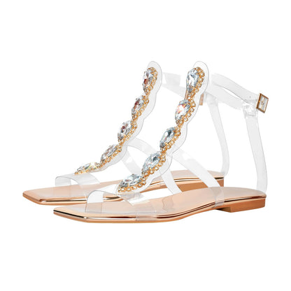 Rhinestone T-Strap Open Toe Flat Sandals