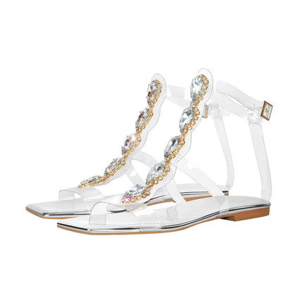 Rhinestone T-Strap Open Toe Flat Sandals