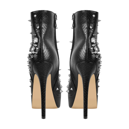 Black Rhinestone Rivet Studded Platform Ankle Boots