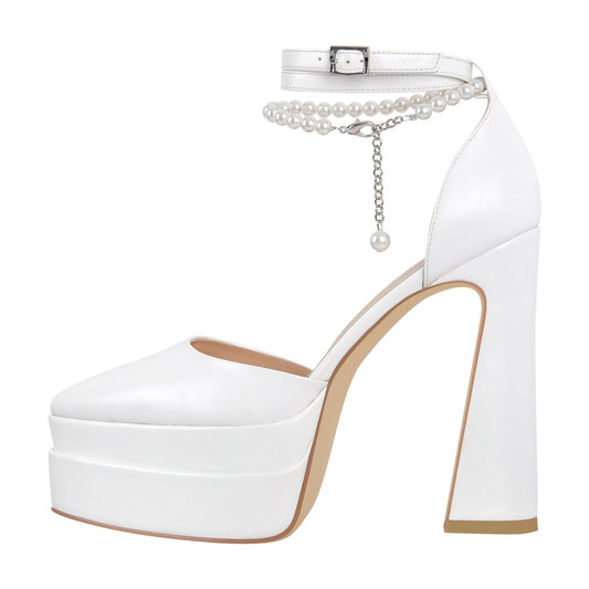 White Pointed Toe Platform Chunky Pumps