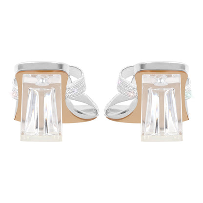 Rhinestone Strap Clear Block Sandals Mules