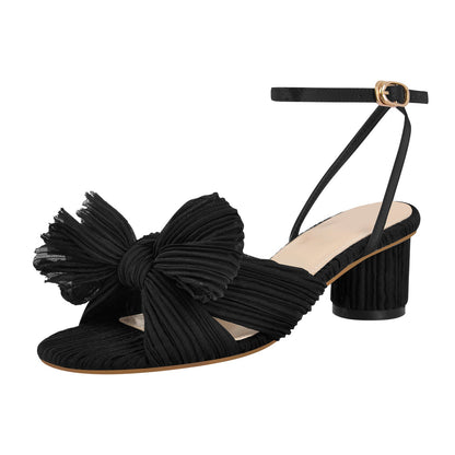 Pleated Bowknot Mid Chunky Heel Sandals