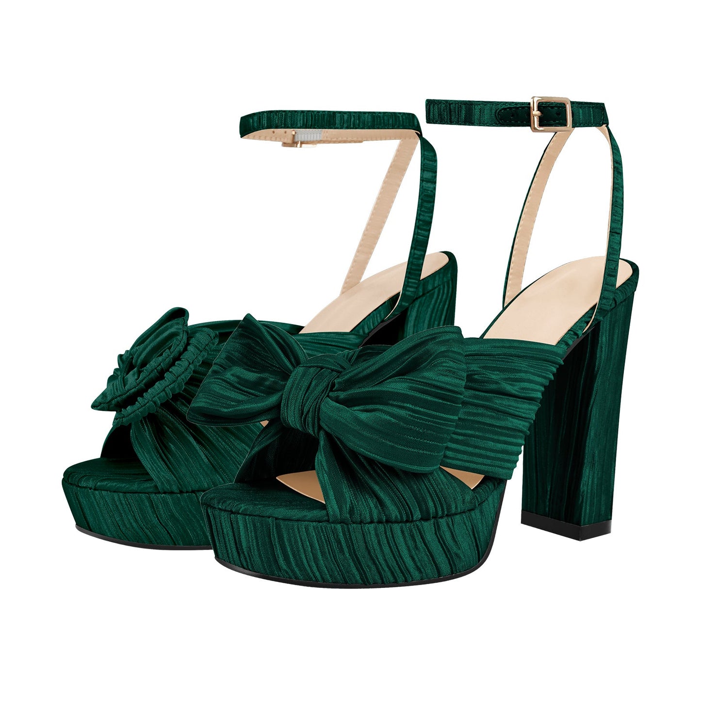 Platform Ankle Strap Pleated Bow Sandals