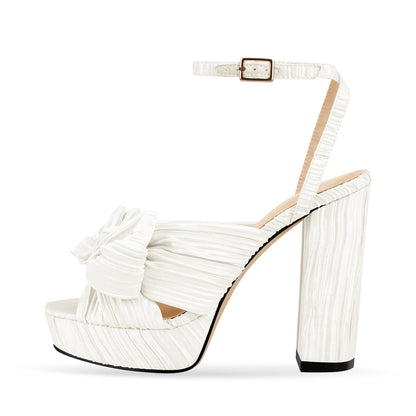 Platform Ankle Strap Pleated Bow Sandals