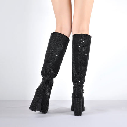 Pointed toe Chunky Heels Rhinestone Knee High Boots