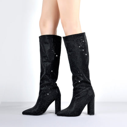 Pointed toe Chunky Heels Rhinestone Knee High Boots