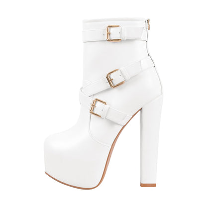 Round Toe Platform Chunky Buckle Zipper Ankle Boots