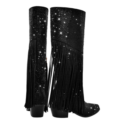 Chunky Heel Rhinestone Tassel Knee High Boots