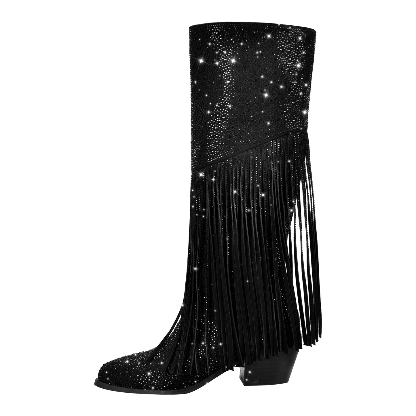 Chunky Heel Rhinestone Tassel Knee High Boots