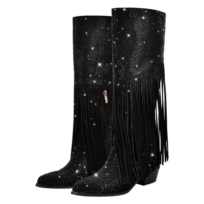 Chunky Heel Rhinestone Tassel Knee High Boots