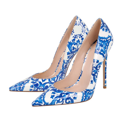 Blue and White Pattern Pointed Toe Pumps