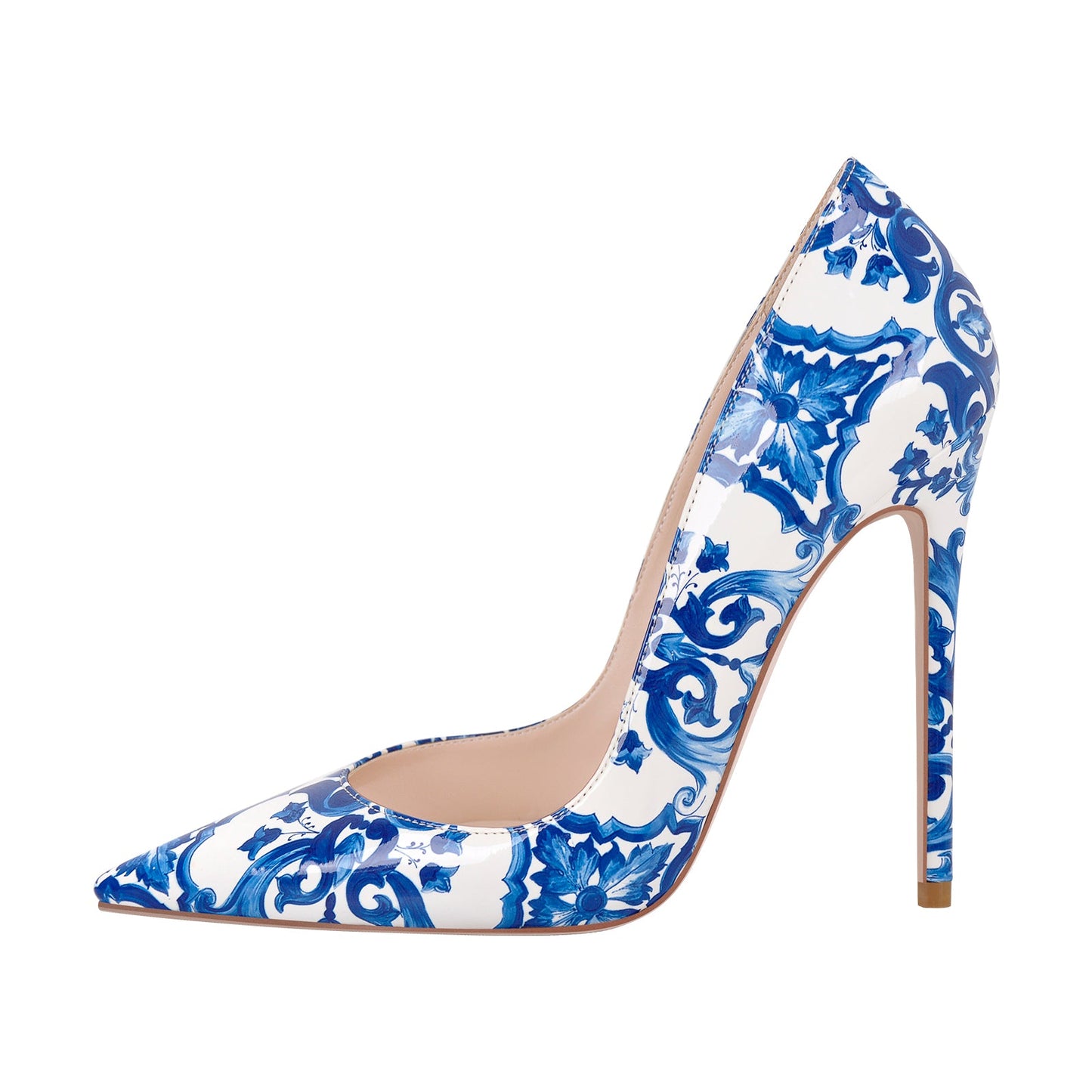 Blue and White Pattern Pointed Toe Pumps