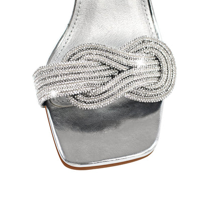 Rhinestone Square Toe Ankle Strap Silver Sandals