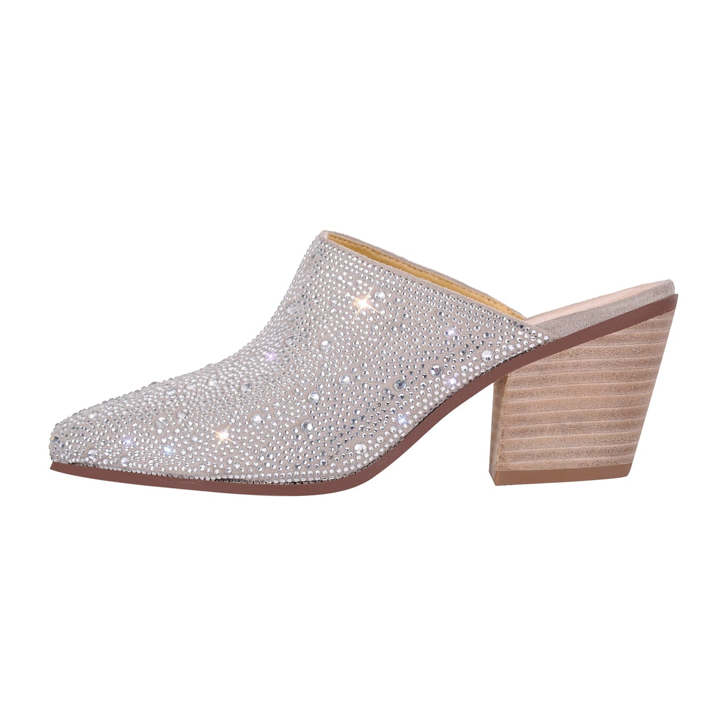 Rhinestone Pointed Toe Chunky Heel Mules