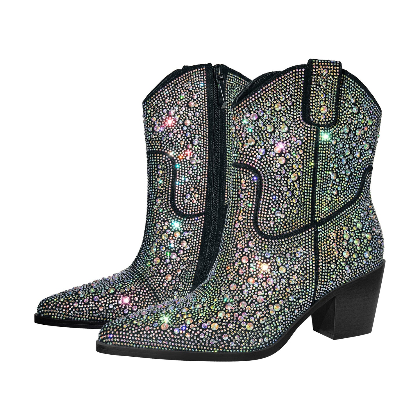 Rhinestone Pointed Toe Chunky Heel Ankle Boots