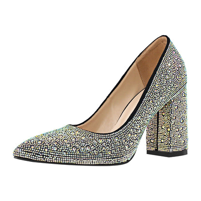 Rhinestone Pointed Toe Chunky Heel Pumps