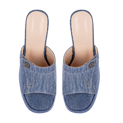 Denim Round Toe Platform Chunky Heel Sandals