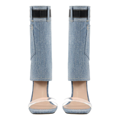 Denim Square Toe Stiletto Ankle Sandals