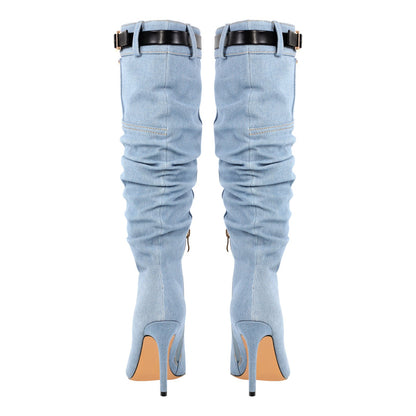 Denim Pointed Toe Stiletto Thigh Boots