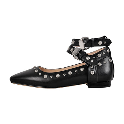 Rivet Square Toe Buckle Ankle Strap Flats